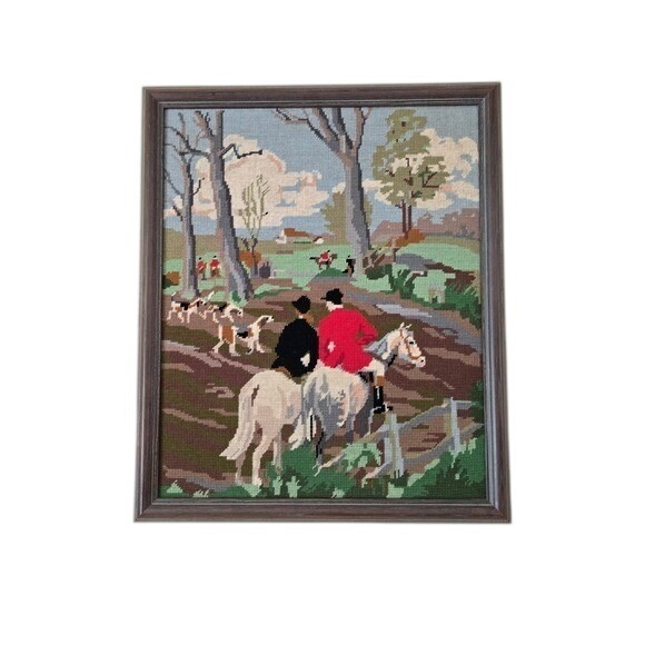 Vintage Other - Vintage Framed Needlepoint Fox Hunt Equestrian Scene Wall Art Tapestry Decor